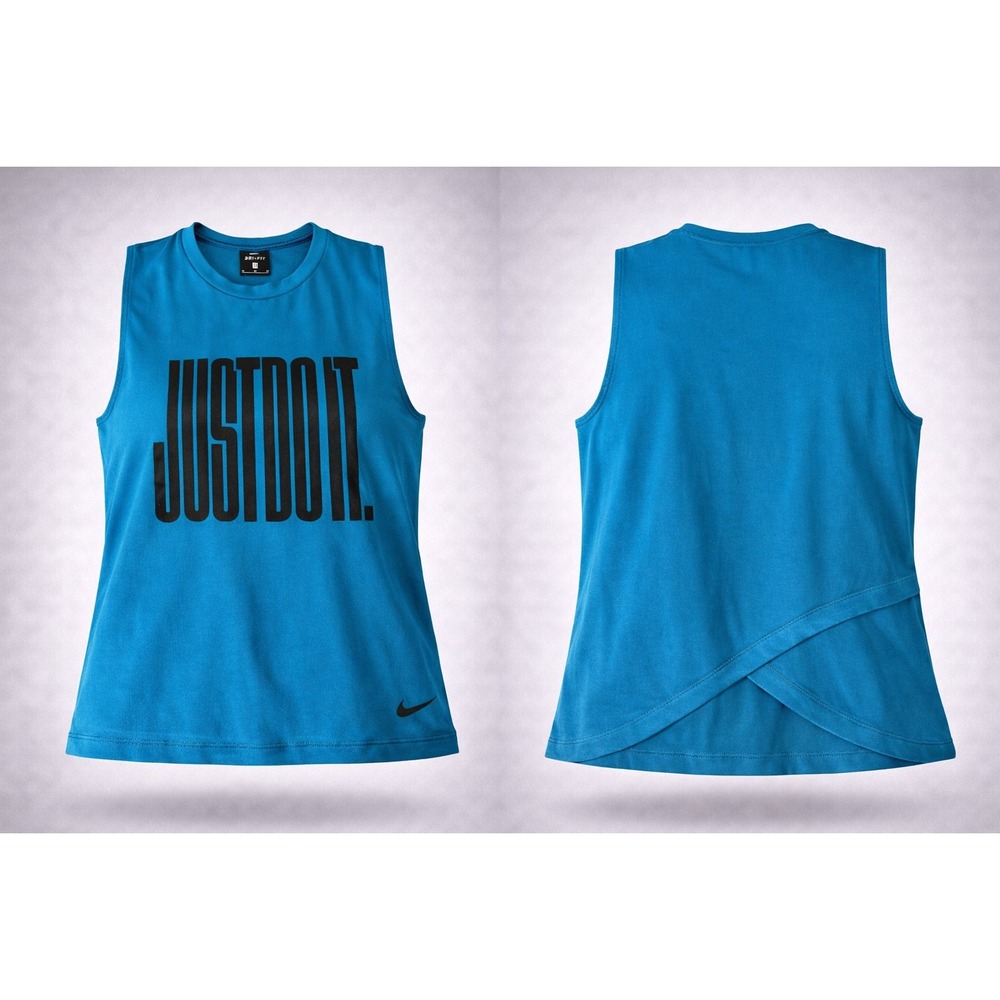 Nike Dri-FIT Just Do It Teal Blue Mesh Back Split Hem Training Tank Top Womens M